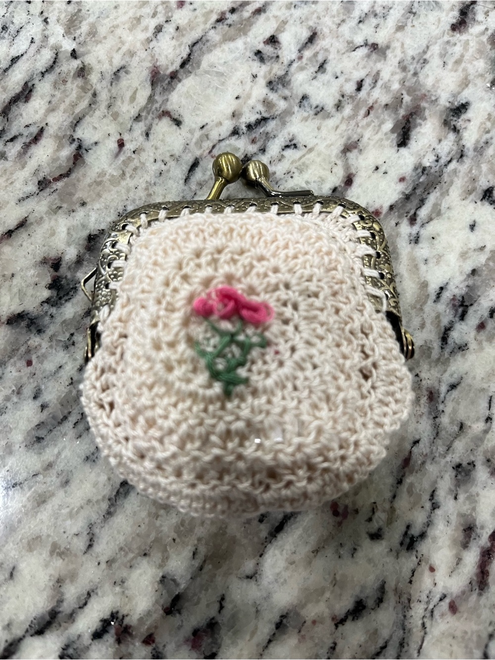 Handmade Cream Crochet Kiss-Lock Coin Purse or EarPod case holder with Pink Rose